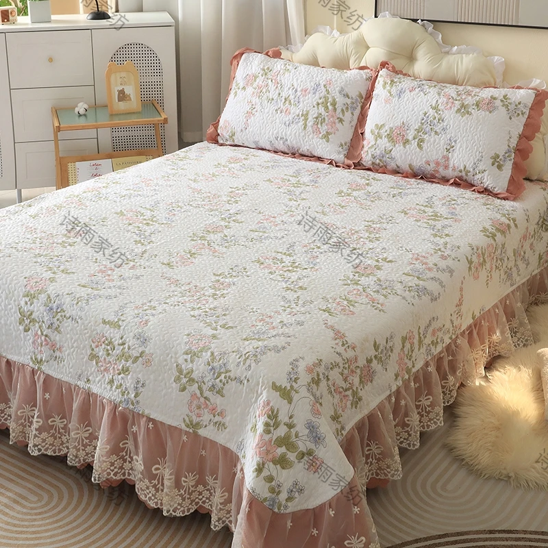 〖蕾丝床裙〗四季新款通用绗绣双层刺绣蕾丝花边床盖洗床盖夏季