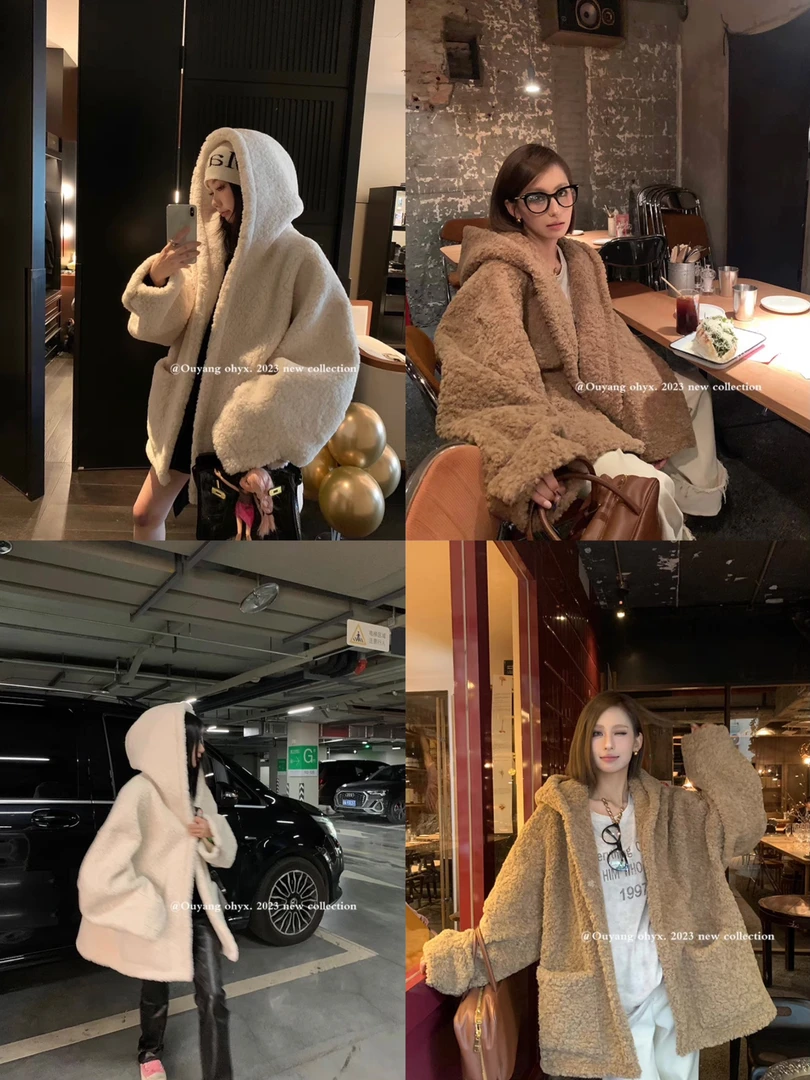 【欧莎蒂娜】2024冬季新款时尚百搭仿羊羔毛连帽毛毛大衣
