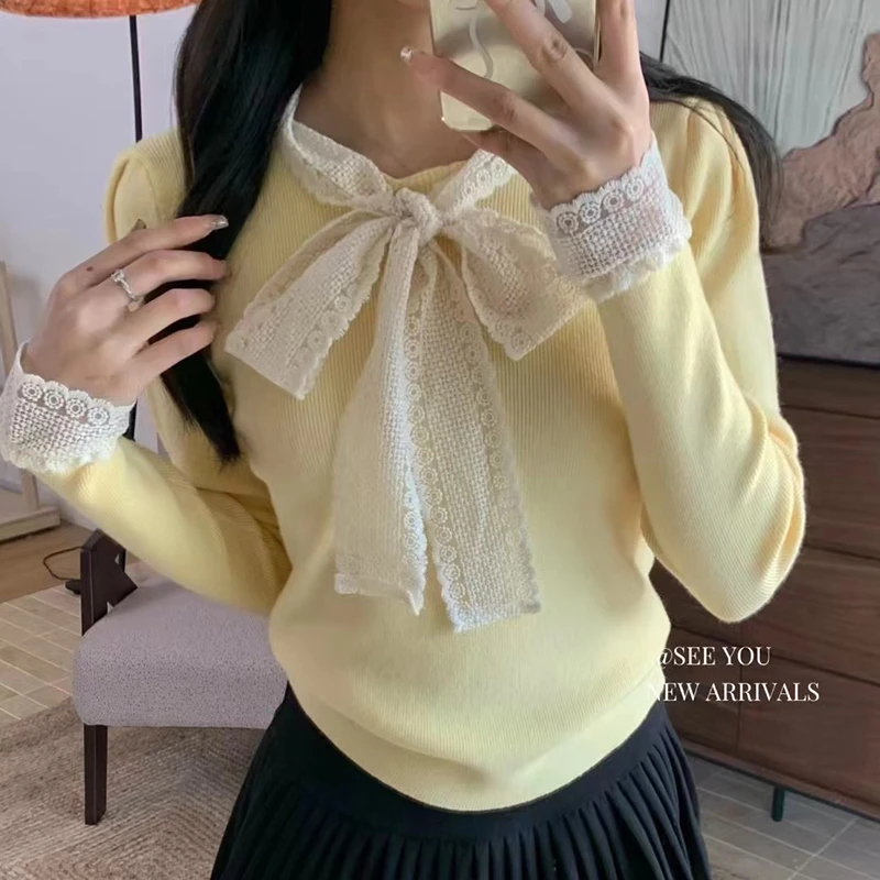 秋冬内搭修身显瘦长袖打底衫法式蕾丝拼接蝴蝶结绑带针织衫上衣女
