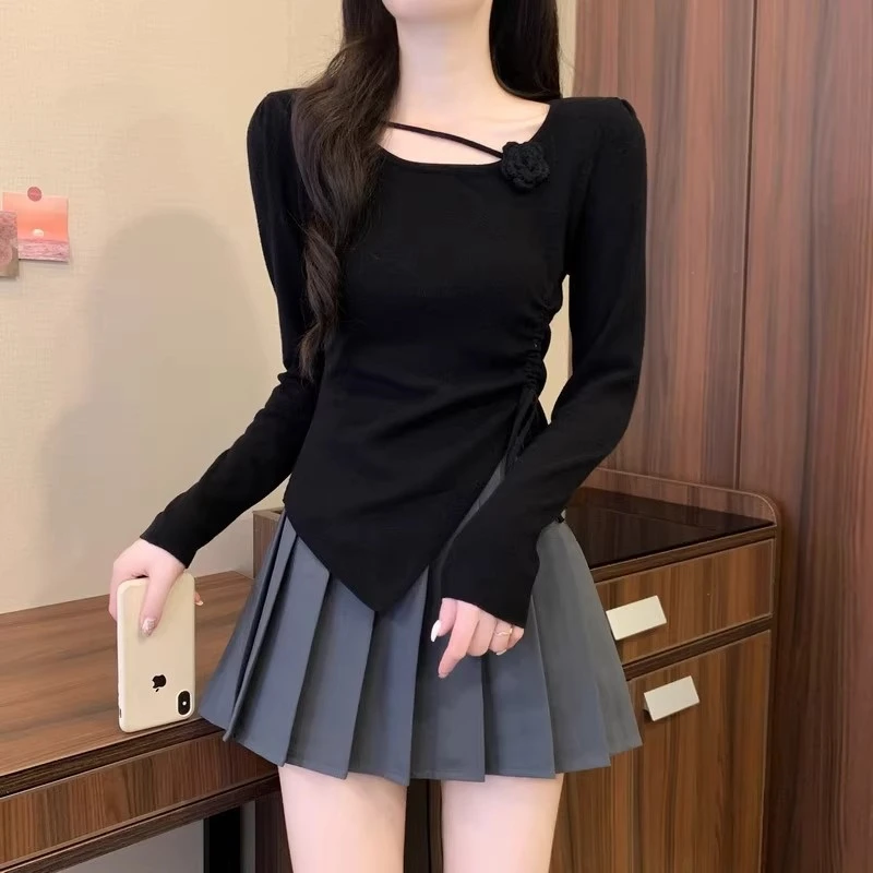 甜辣设计感抽褶长袖上衣女秋冬法式不规则纯色立体花朵修身针织衫