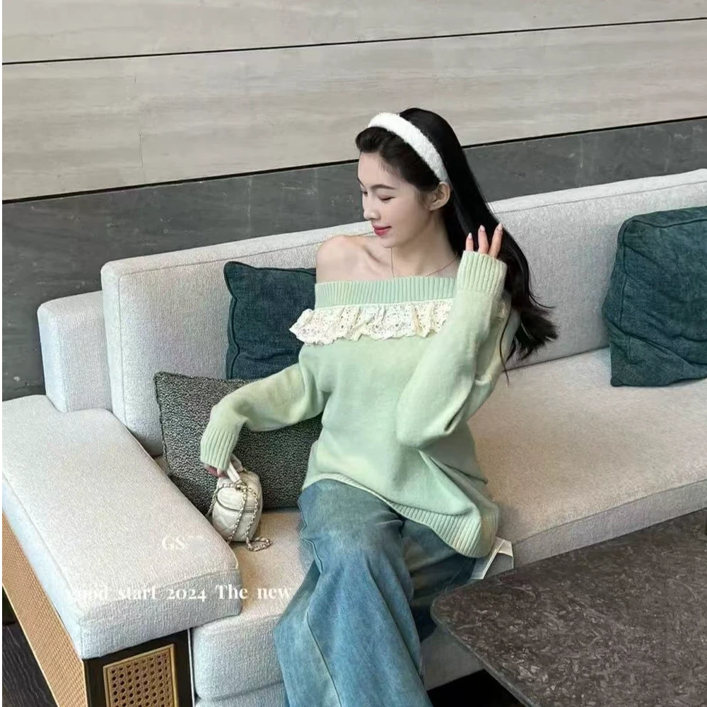 秋冬新款ins氛围感时尚针织长袖毛衣洋气蕾丝拼接宽松显瘦打底衫