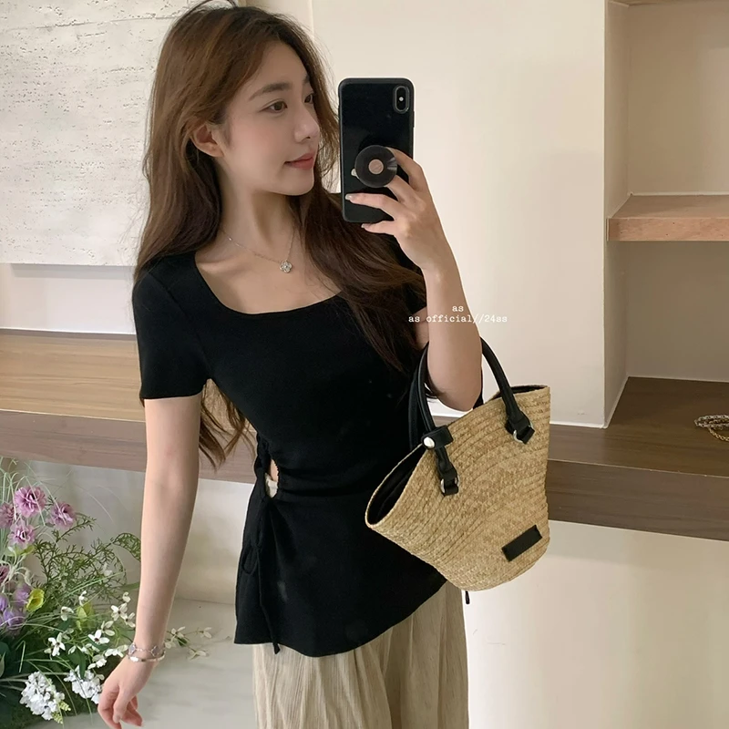 时尚褶皱镂空修身显瘦方领短袖女夏季新款洋气纯色抽绳针织衫上衣