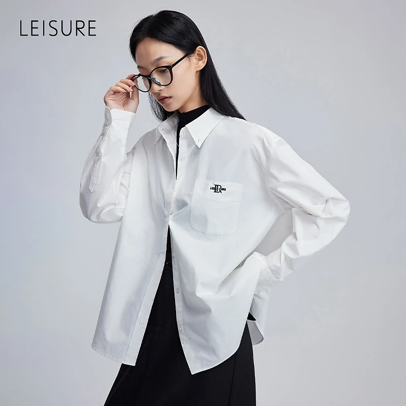 赵老板专属丽雪LEISURE时髦百搭衬衣廓形翻领休闲绣花衬衫0964