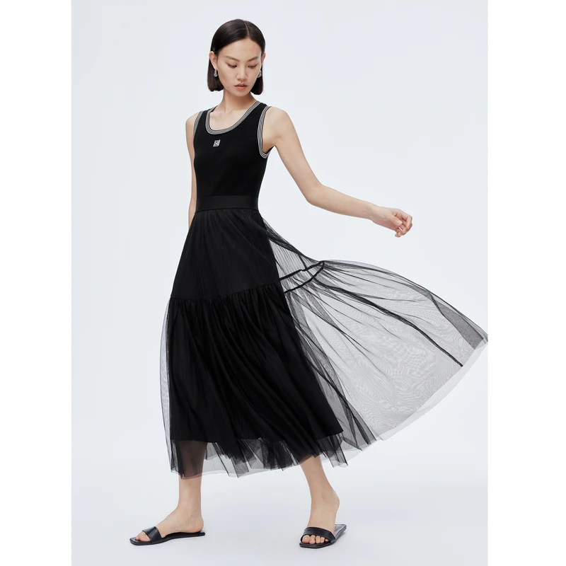 【商场同款】丽雪LEISURE显高显瘦高腰百搭针梭拼接吊带连衣0564