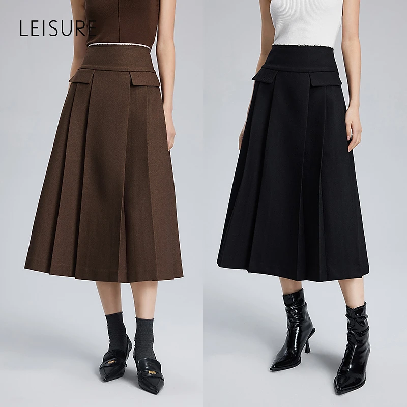 籽言专属LEISURE丽雪知识分子纸片多褶长裙高腰微半身裙0254