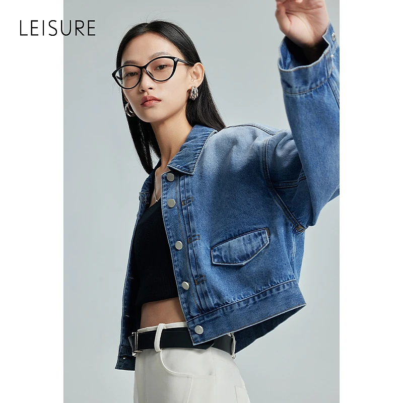 籽言专属LEISURE丽雪高级复古截短外套翻领气质显瘦牛仔1254