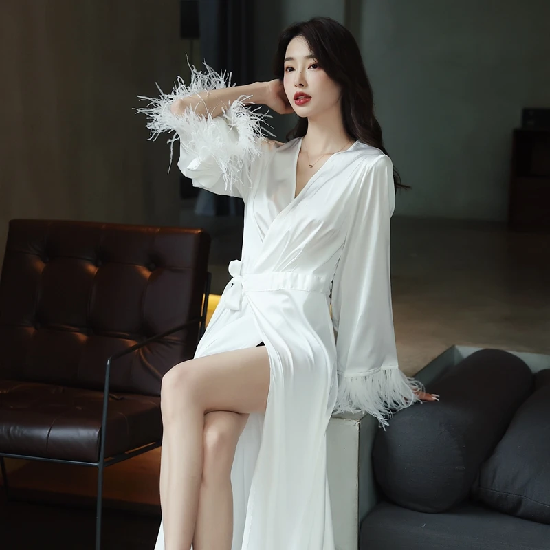 仙女晨袍新娘羽毛婚礼睡袍高级感白色驼鸟毛罗马假日睡衣结婚红色