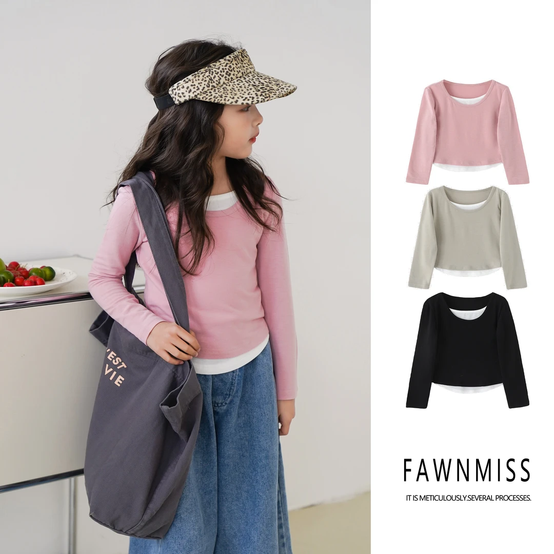 【早春经典】女童中大童装宽松韩版百搭合身假两件长袖T恤