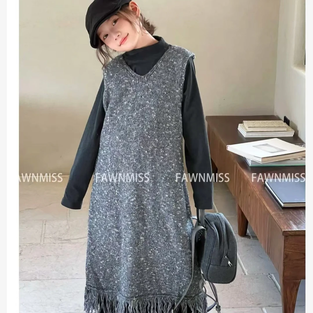 【芝士椰椰】女中大童装2024新款时尚亲子流苏针织裙套装