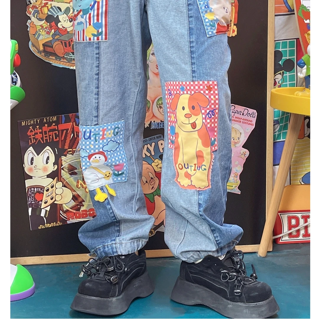 ROBOOTOO原创童趣古着卡通贴布绣阔腿显瘦宽松牛仔裤长裤秋冬季