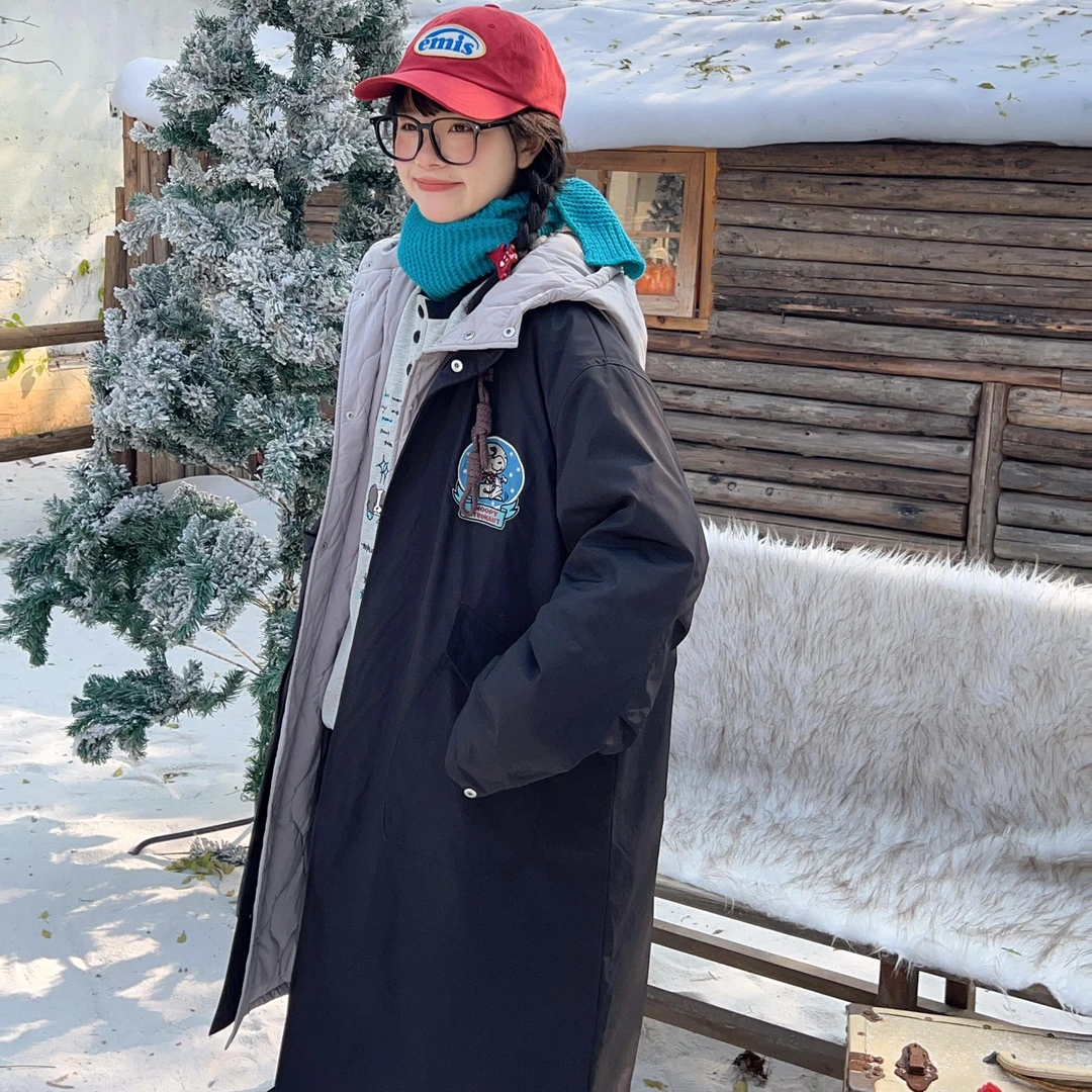 ROBOOTOO童趣古着假两件重工刺绣贴布宽松显瘦魔法袍风衣夹棉外套