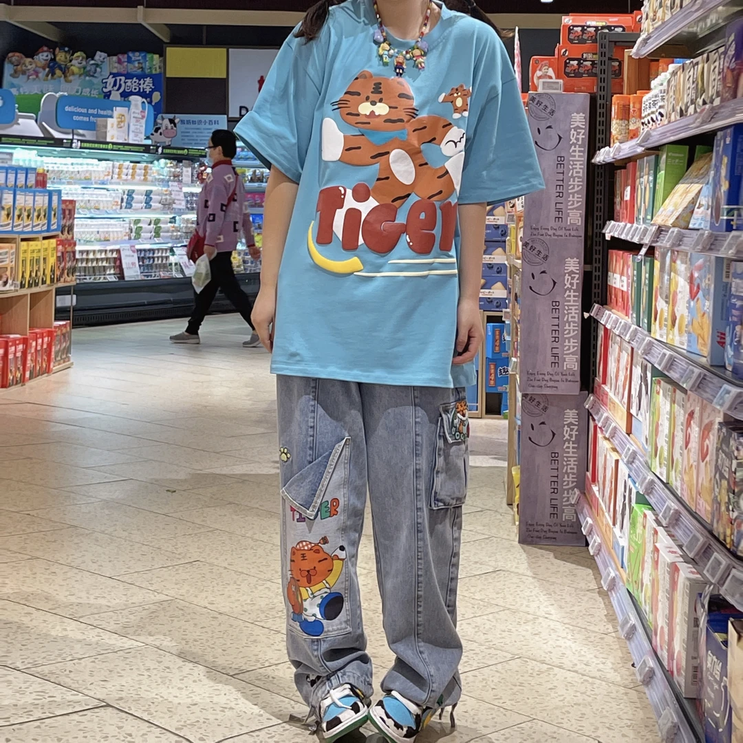 小脑腐童趣蓝卡通虎印花圆领短袖T恤2022年夏季显白减龄休闲可爱