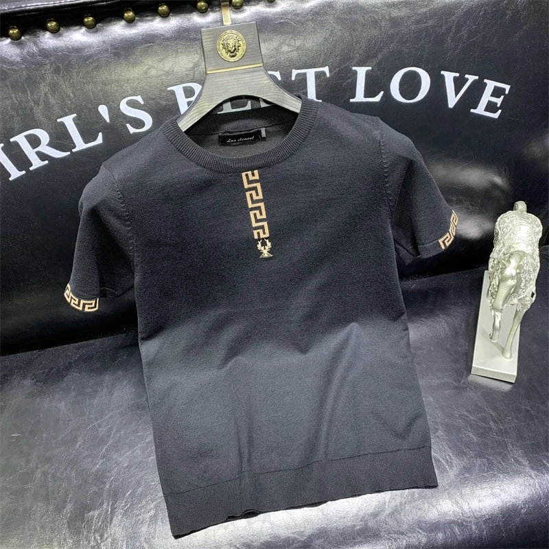 2021秋冬季提花短袖毛衣男修身潮牌圆领针织半截袖打底衫薄款休闲