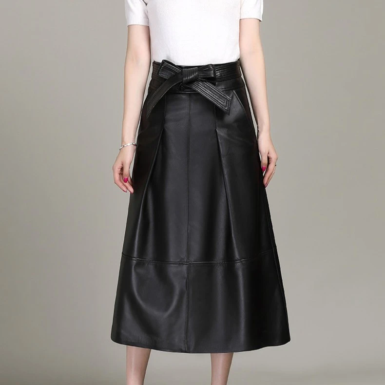 5029春秋海宁真皮皮裙半身裙女2023绵羊皮中长款休闲a字裙W中长裙