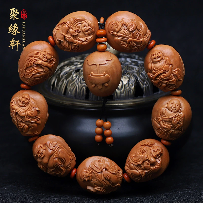 橄榄核手串 2.1大籽整身双面浮雕十八罗汉手把件精品橄榄胡手链男