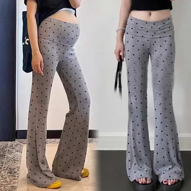 MIMI孕妇针织微喇裤子女夏季薄款弹力垂坠感波点托腹休闲喇叭裤