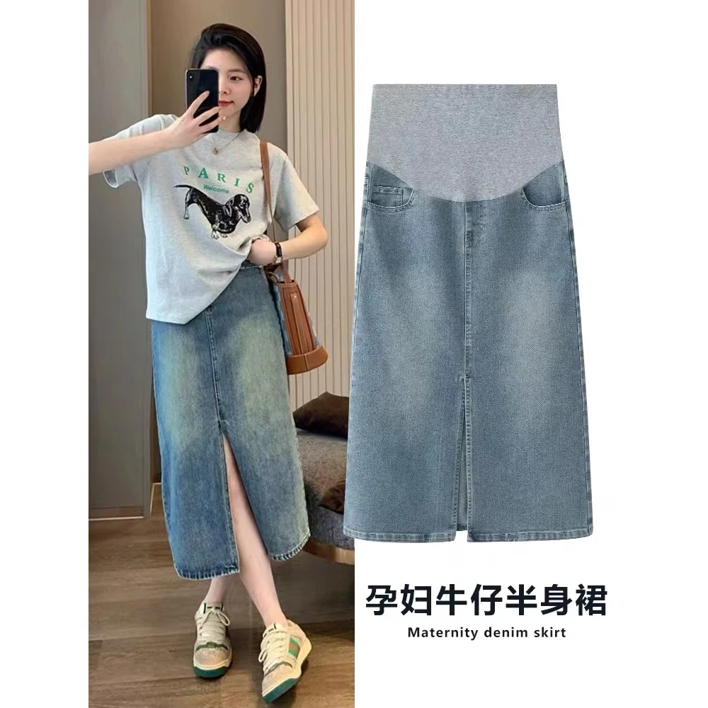孕妇半身牛仔裙显瘦百搭时尚款软牛仔休闲开叉包臀裙春秋款