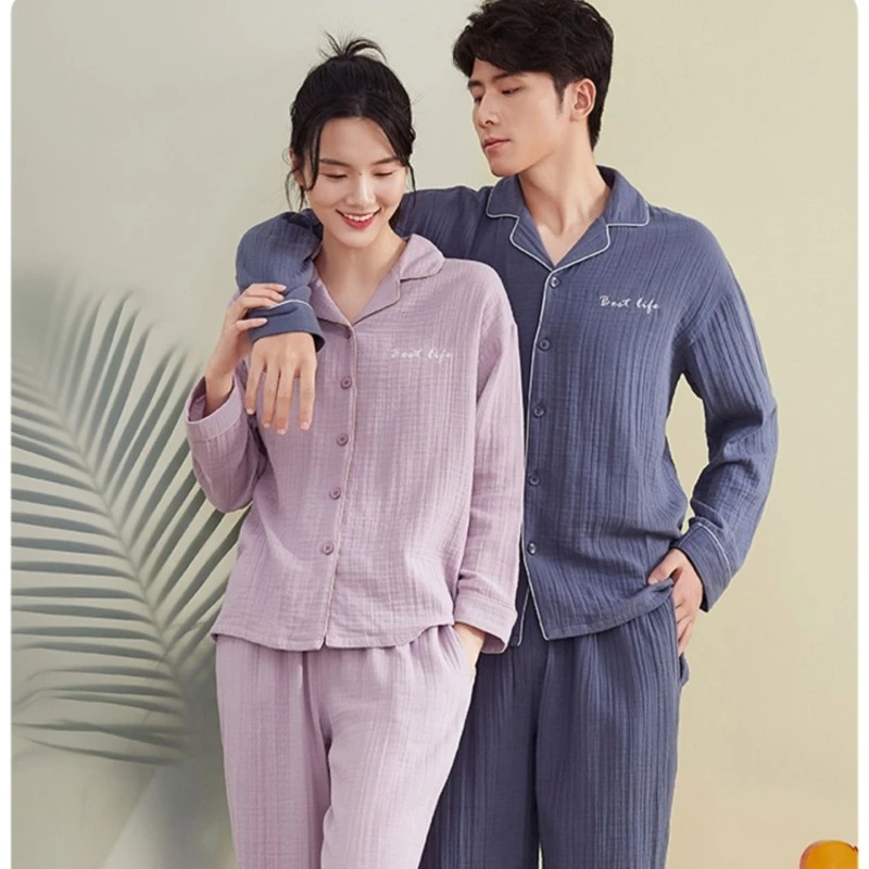 情侣睡衣女士春秋款秋季纯棉长袖家居服男款女套装纯色净色