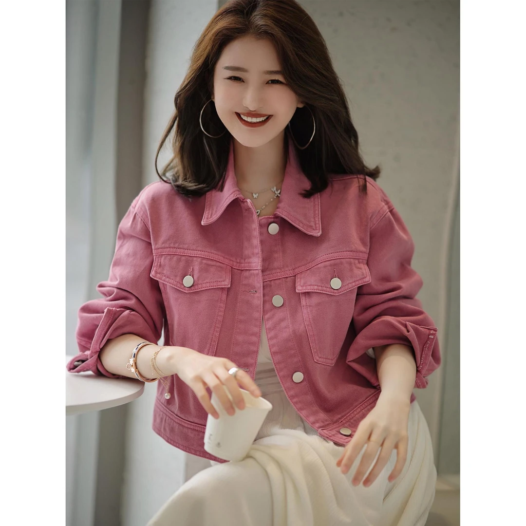 2024春秋新款短款粉色百搭休闲ins牛仔外套女+时尚白色长袖连衣裙
