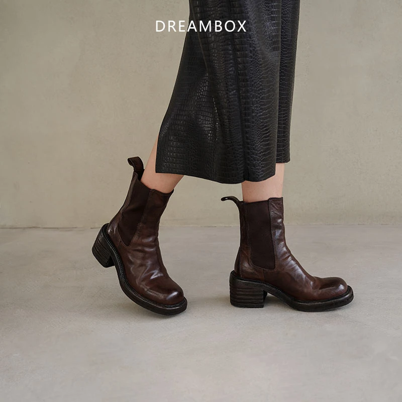 dreambox钧博女士切尔西靴秋冬新款马皮粗跟皮靴手工固特异烟筒靴