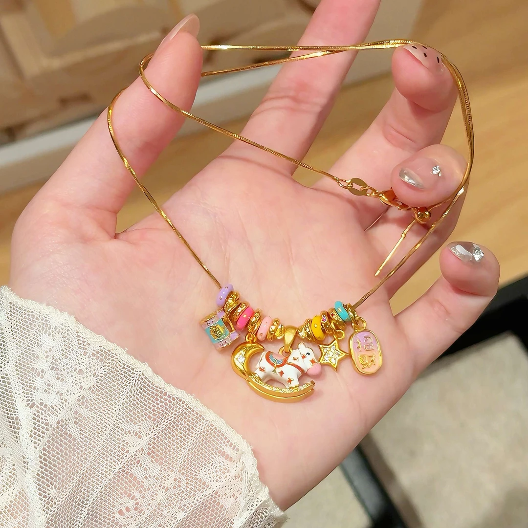 铜合金珐琅吊坠 多巴胺珐琅烧蓝手工DIY摇摇小木马吊坠项链