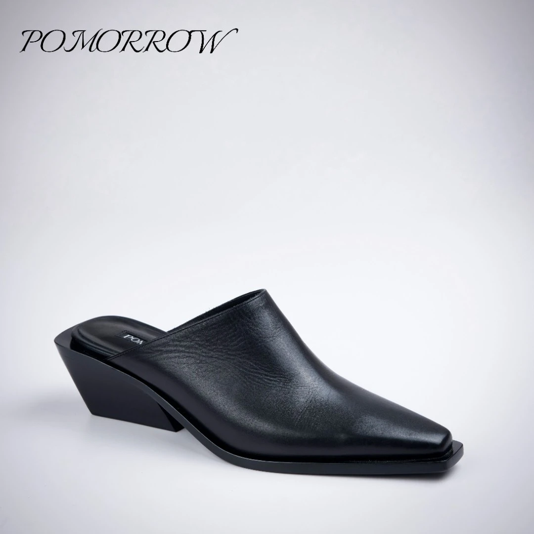 「真皮鞋底」气质舒适时尚黑色高跟尖头方头中跟休闲百搭夏季春季