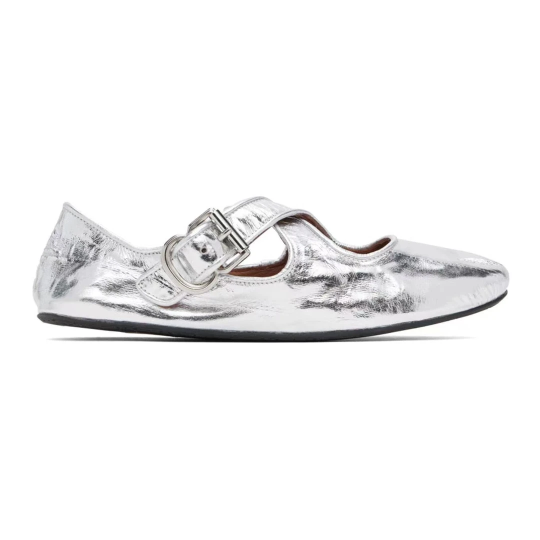 「真皮鞋底」舒适舞蹈鞋春夏平底玛丽珍鞋圆头女单鞋2024银色芭蕾鞋