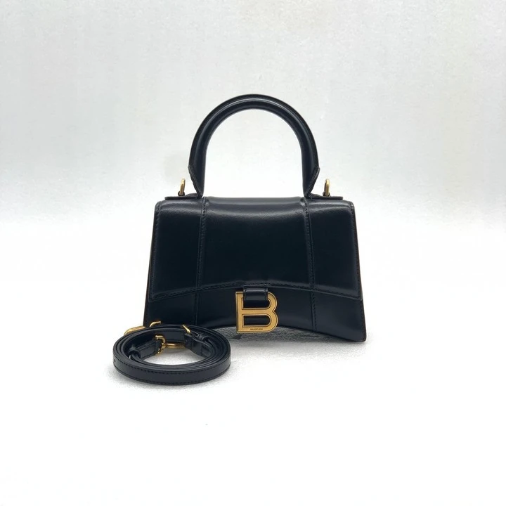95新 Balenciaga/巴黎世家 牛奢网/巴黎世家沙漏包黑金光面XS