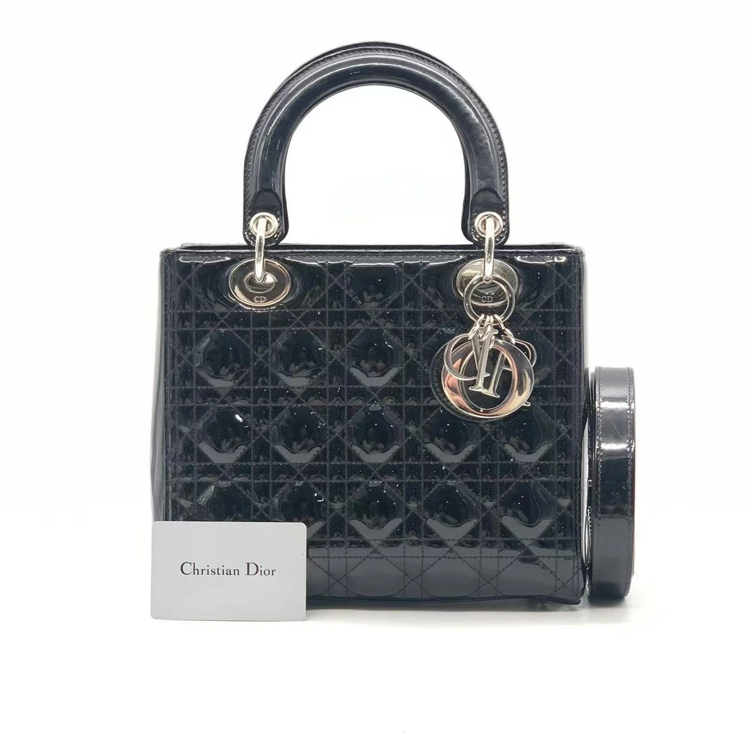 95新 DIOR/迪奥 黑银漆皮五格戴妃包/