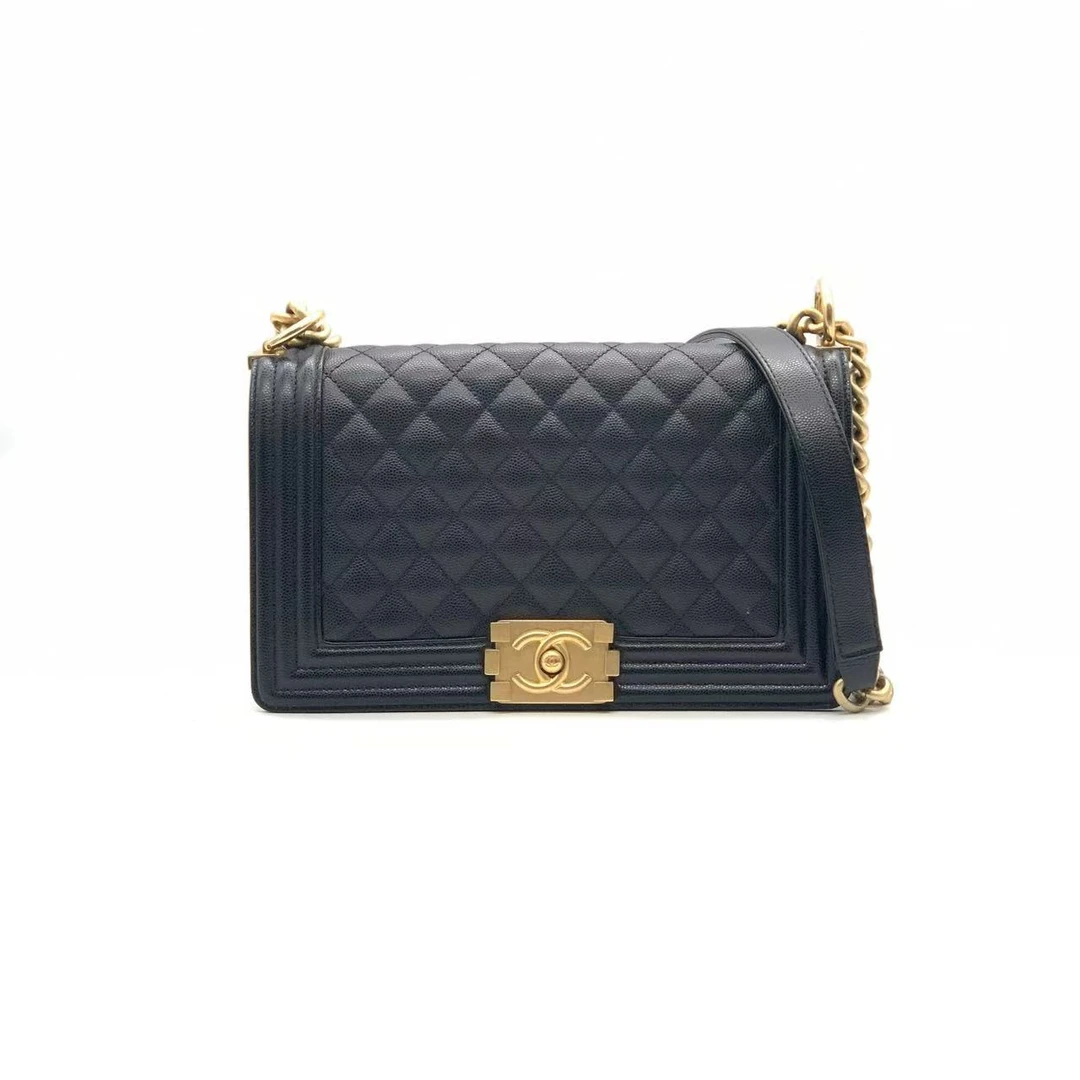 99新 Chanel/香奈儿  黑金荔枝牛中号leboy口盖包/芯片款