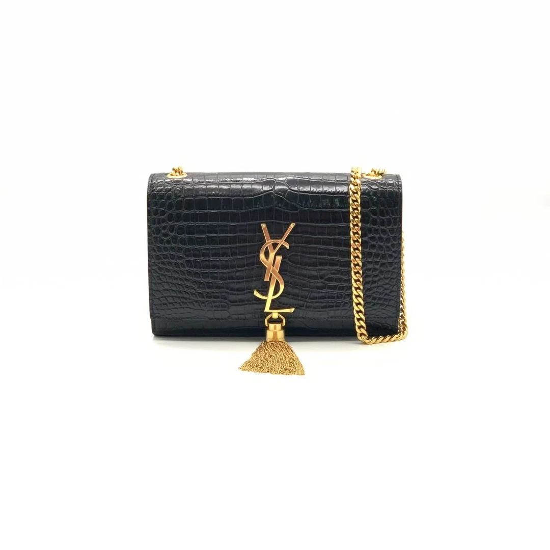 99新 YSL/圣罗兰 亮面黑金鳄压小号流苏包/