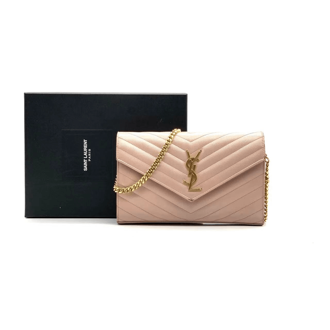 95新 YSL/圣罗兰 牛奢网/圣罗兰信封包中号鱼子酱粉色/时尚女士