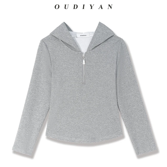 【美莉】小个子高端女装秋季新款灰色半开襟拉链休闲连帽卫衣百搭