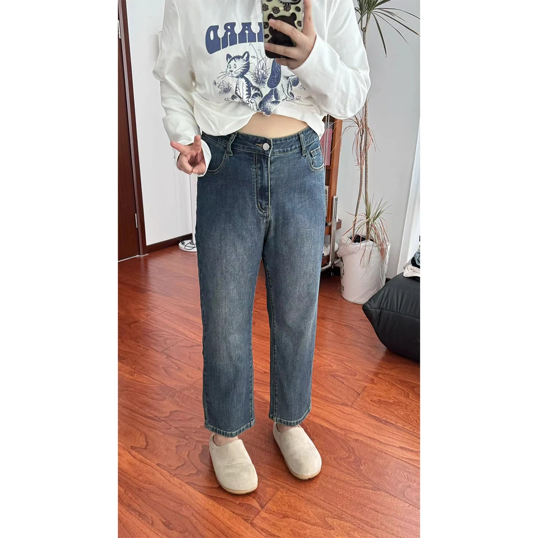 2024秋季新款显瘦设计感大码直筒百搭高腰复古蓝直筒牛仔裤