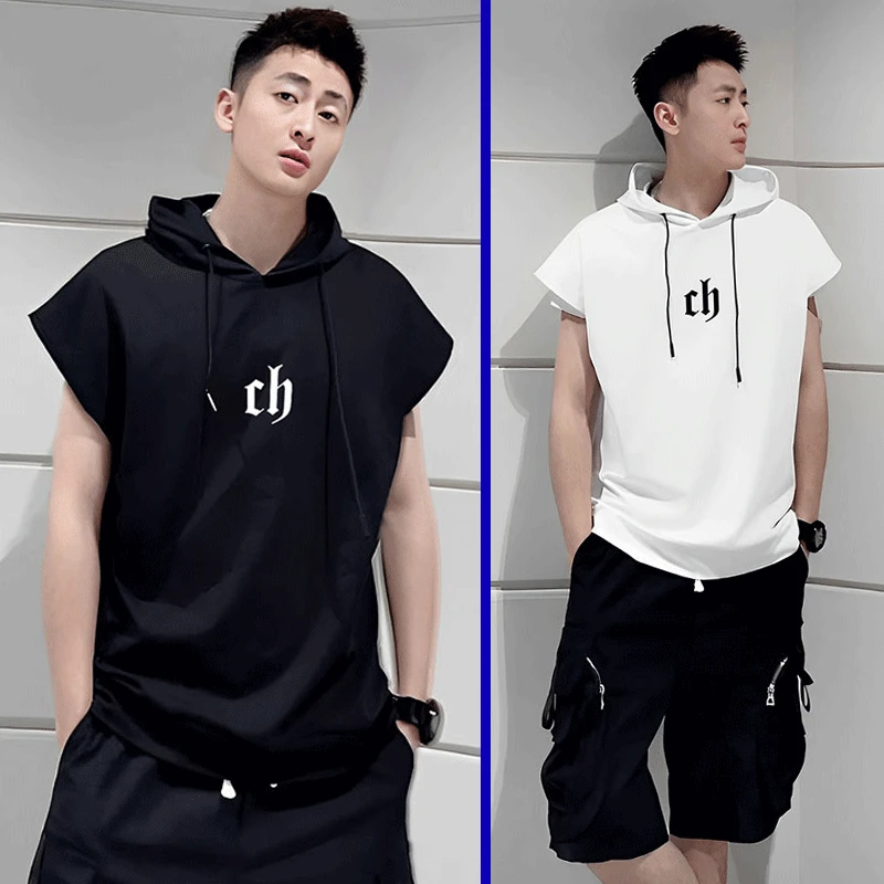 【玩速正品】夏季坎肩t恤男薄无袖背心潮砍袖带帽潮牌宽松连帽短袖