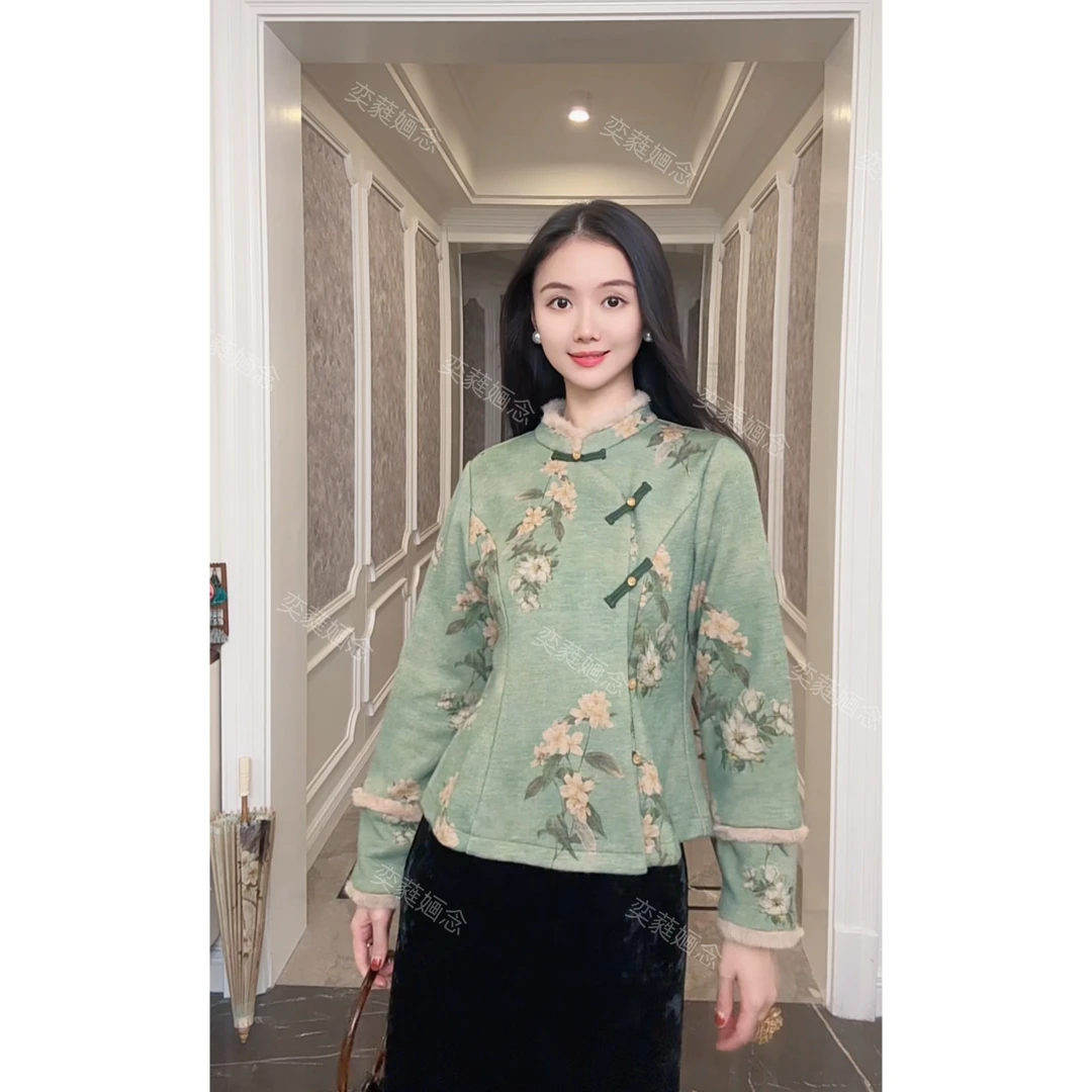 「奕念」《知栀》国风上衣~针织绒感加厚冬季新版高定款打底衫