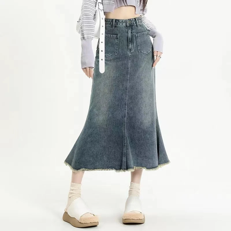2024秋季高腰复古显瘦牛仔鱼尾裙梨形身材显瘦A字半身裙中长款