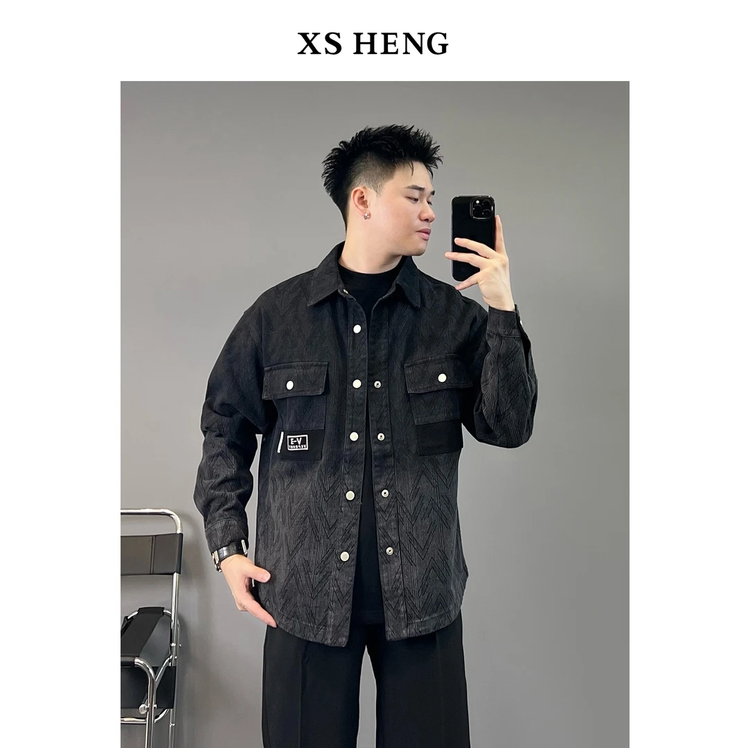 秋季系列/黑色复古潮流拼接渐变满印设计翻领水洗牛仔夹克#1206