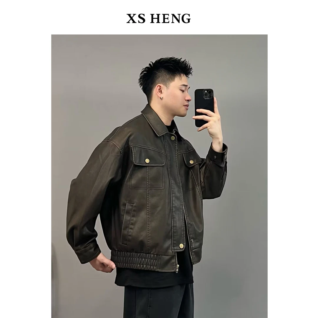 秋季清/水洗复古皮衣情侣宽松机车飞行夹克廓形外套#8299