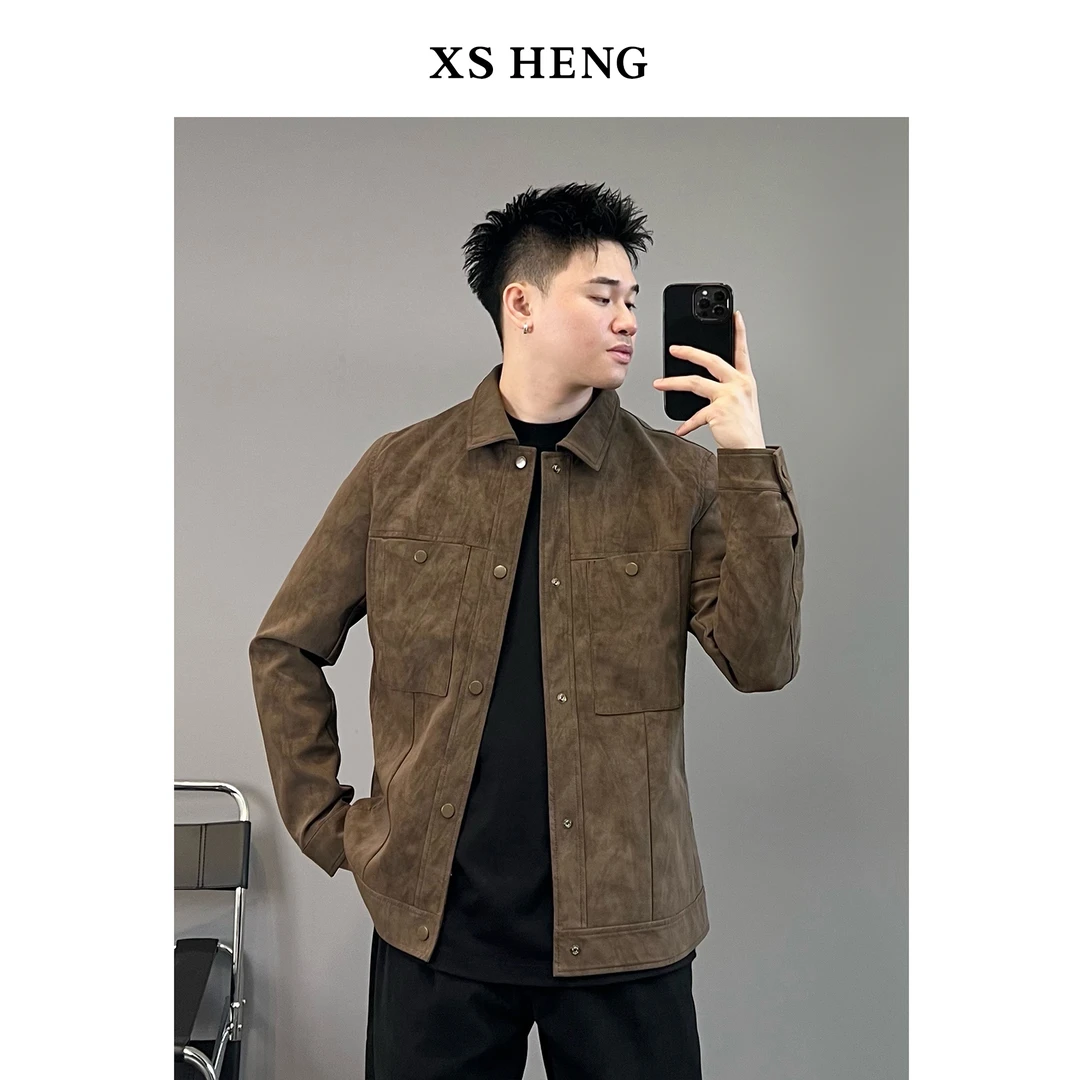 【折扣】秋季轻熟男潮流时尚短款隐藏口袋修身反绒皮衣夹克外套9991