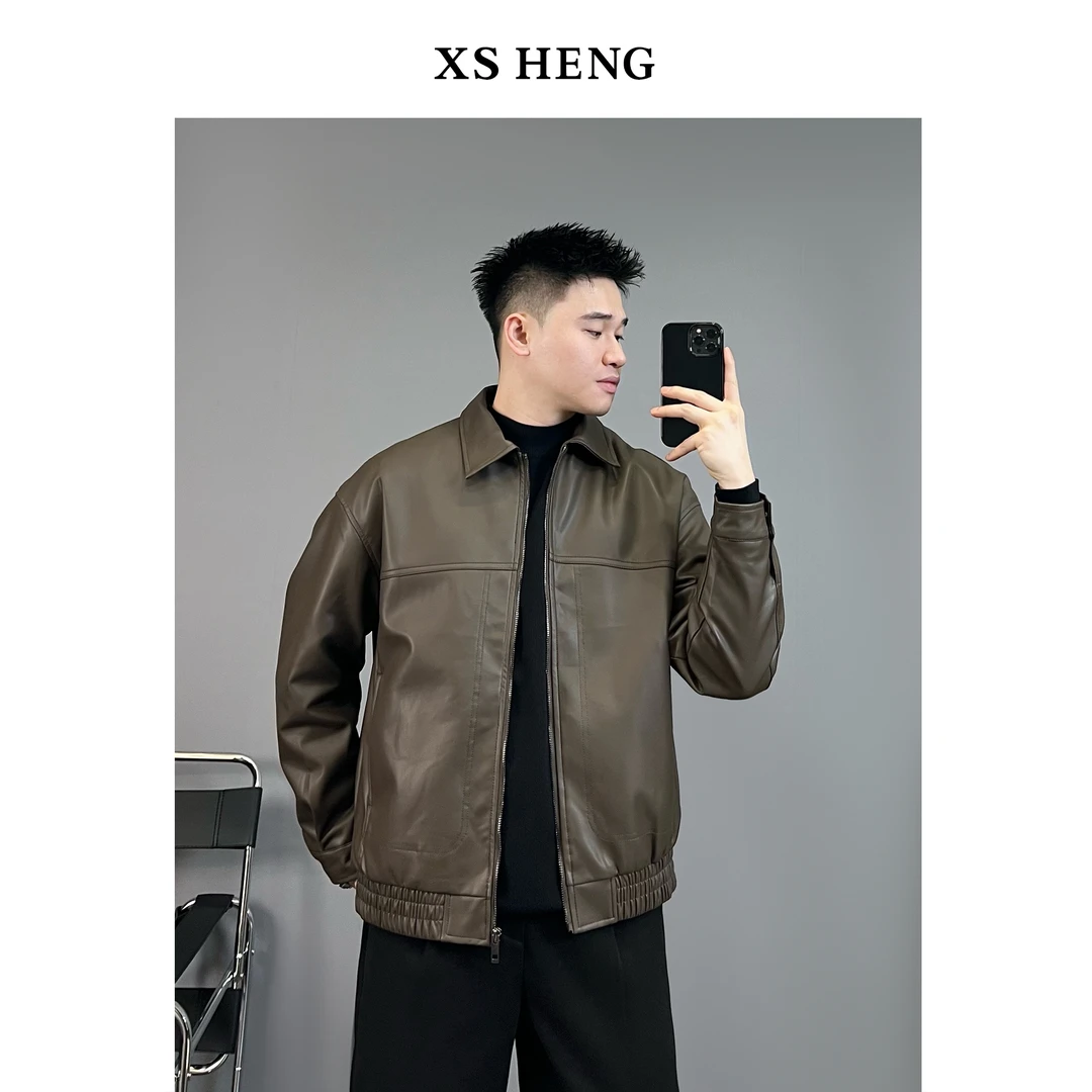 春季加绒清/新款加绒翻领软皮夹克外套男士机车服休闲皮衣#1987