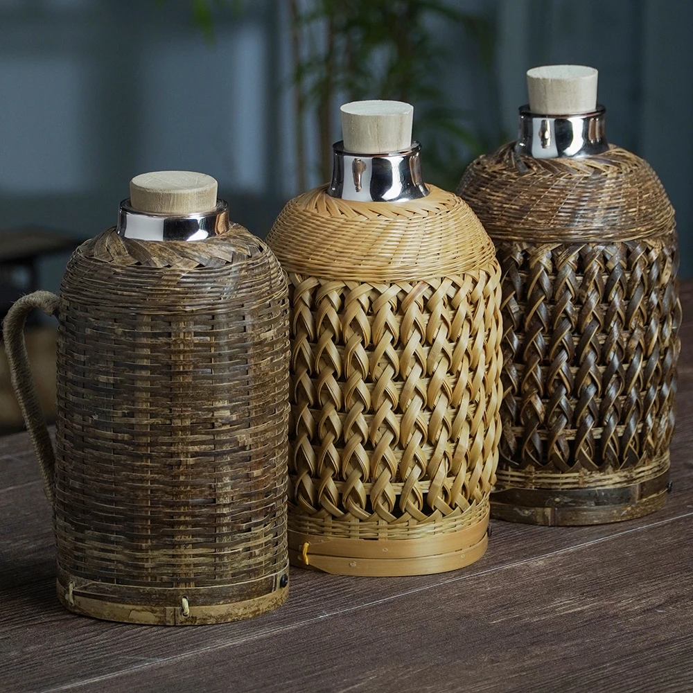 CD012（邱师傅）纯手工竹制复古风工艺品竹编花编家用保温壶开水瓶