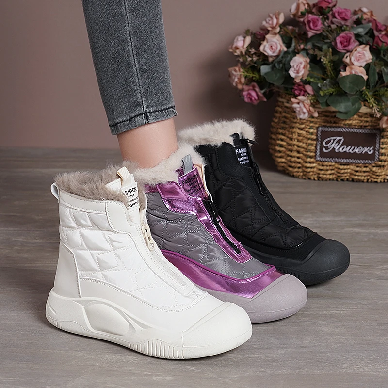 2024爆款时尚增高4cm软皮雪地靴冬季女鞋时尚短靴加绒加厚马丁靴