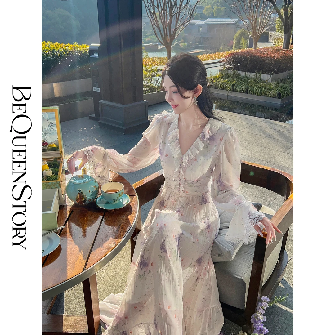 BeQueenStory【晴空鸢尾】时尚炫彩钻烫银设计优雅复古长袖连衣裙