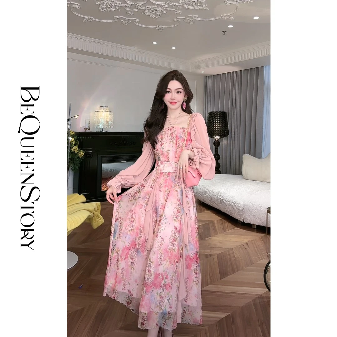 BeQueenStory【桃许春色】时髦轻奢法式长款100桑蚕丝连衣裙