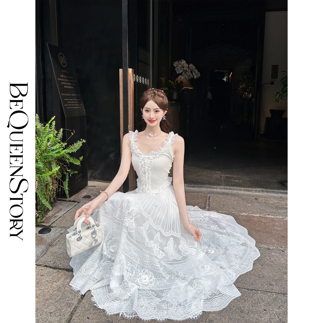 BeQueenStory【爱丽丝小调 】时尚设计感蕾丝印花小众白色连衣裙女