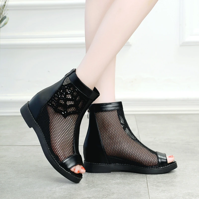 2025春夏季镂空网面网纱鱼嘴鞋中低跟女鞋网鞋平底舒适凉鞋女凉靴