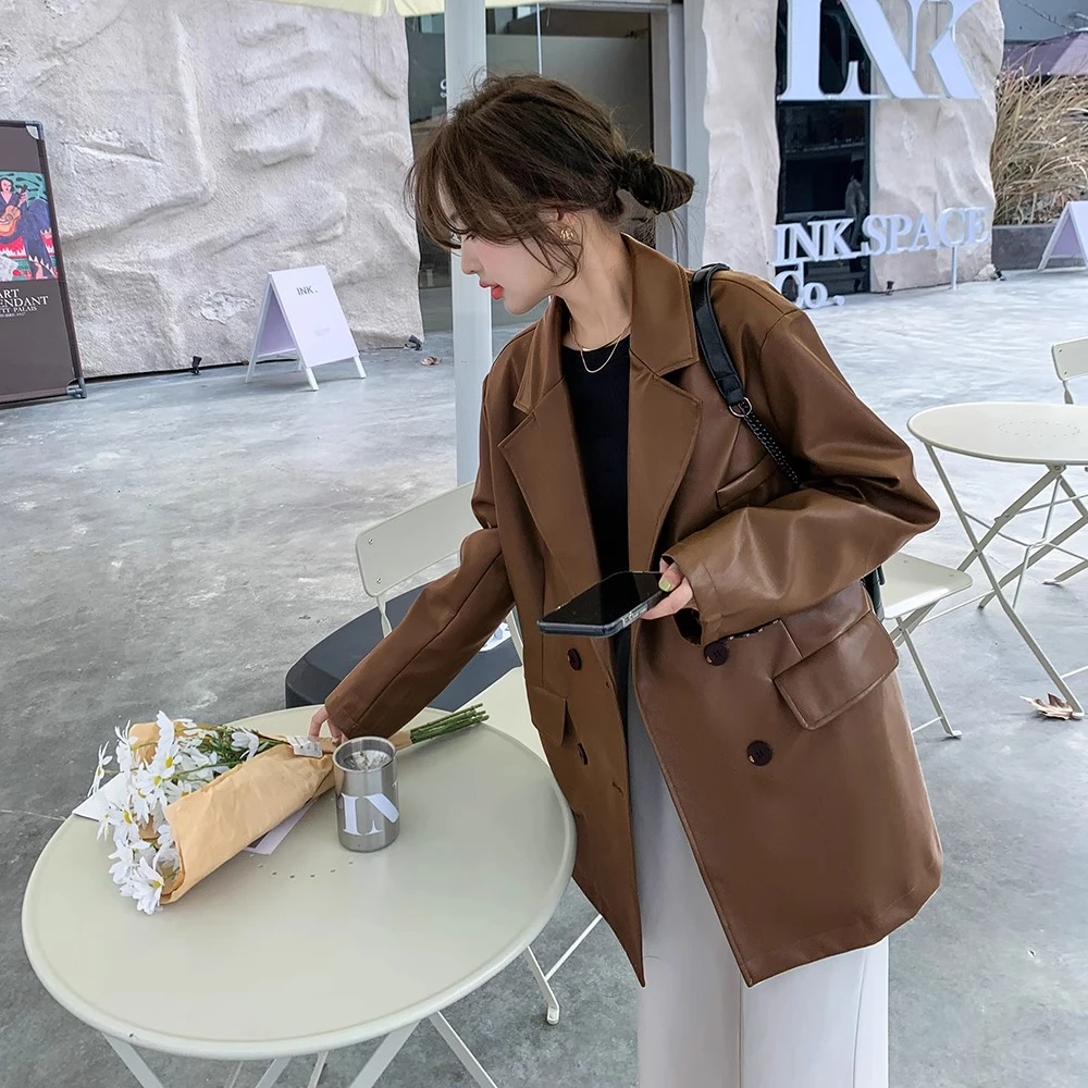 咖色西装皮衣外套女秋冬短款宽松小个子oversize2025新款pu皮夹克