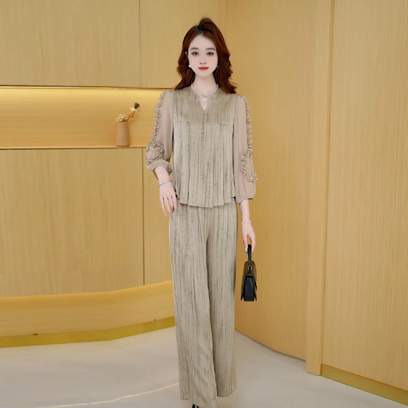 【两件套】早秋时尚宽松洋气休闲收腰显瘦减龄中袖高腰修身女装套裤