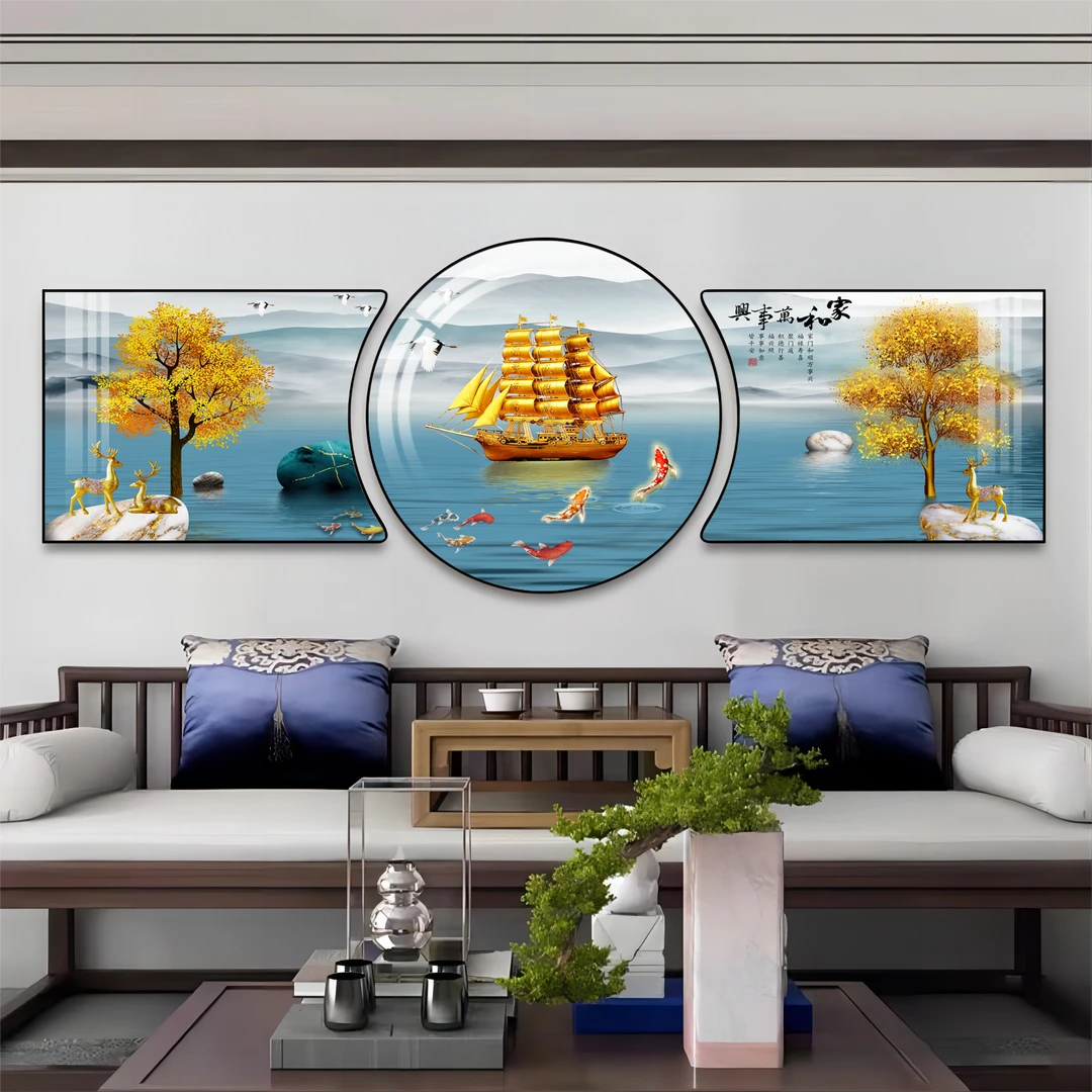 沙发背景墙挂画一帆风顺客厅装饰画现代大气三联画晶瓷大白墙壁画